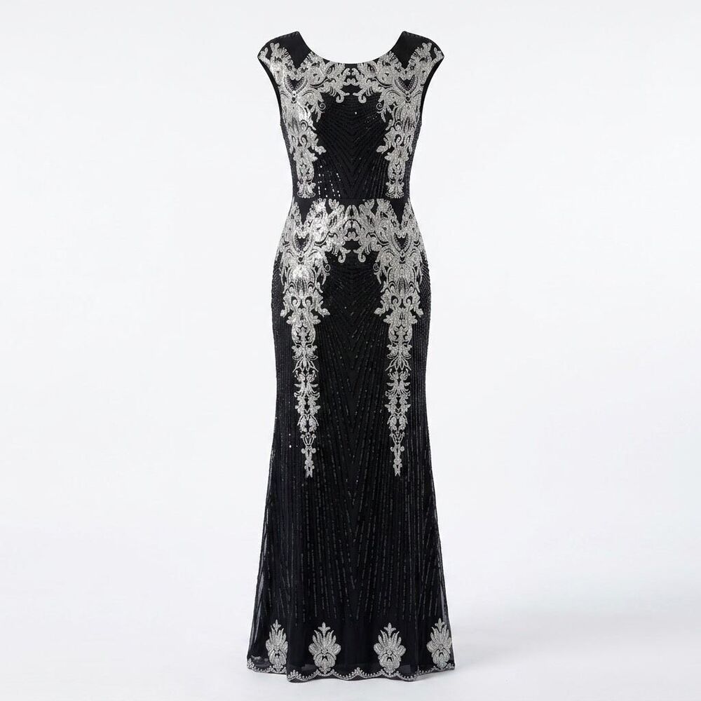 Faeriesty Black Sequin Gown with Gold Floral Embellishments Sz M NWOT